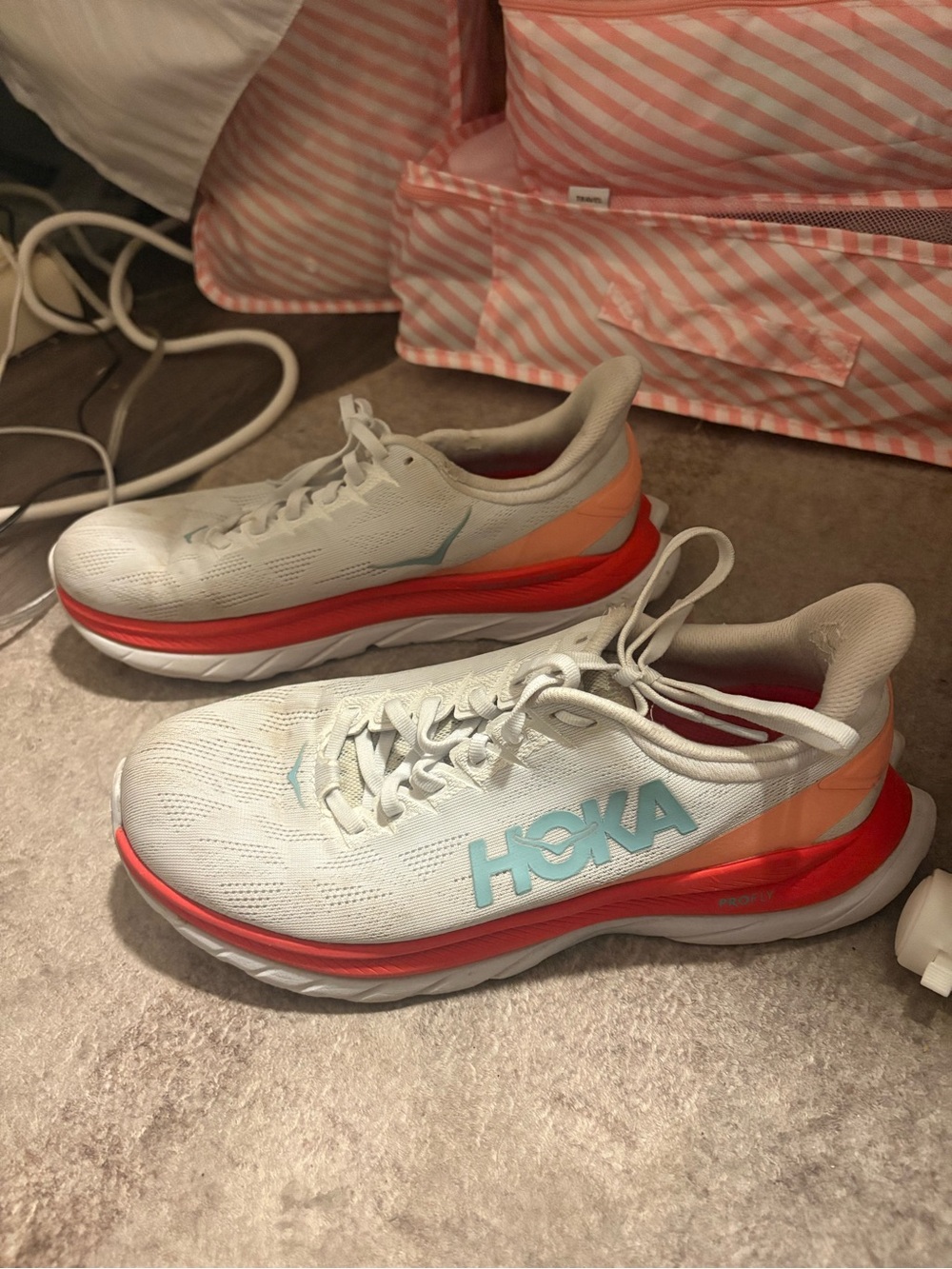 HOKA White & Coral Running Shoes